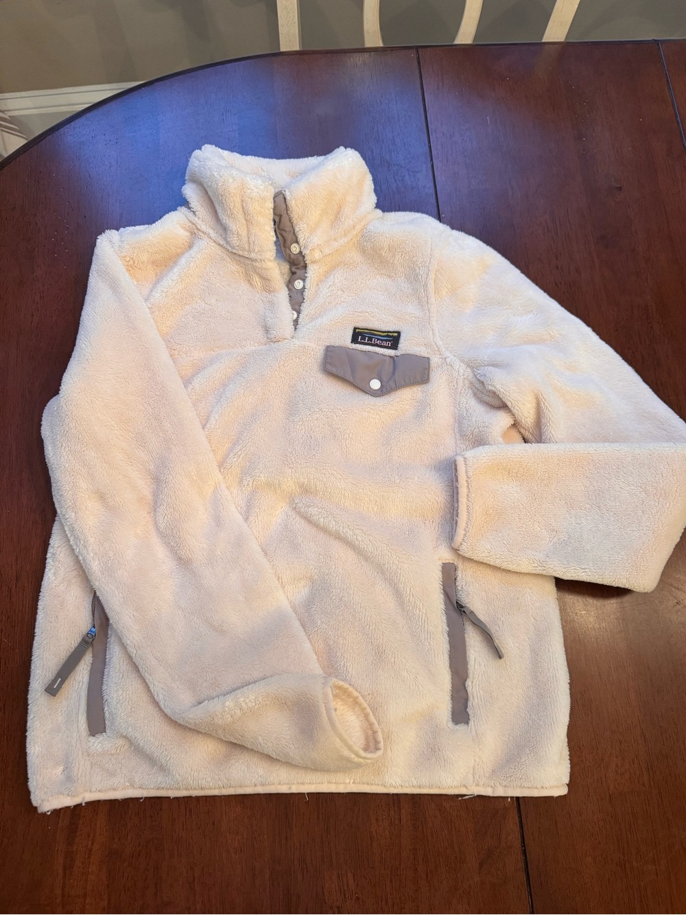 L.L. Bean Cream Sherpa Snap-Placket Pullover with Tan Trim - Women